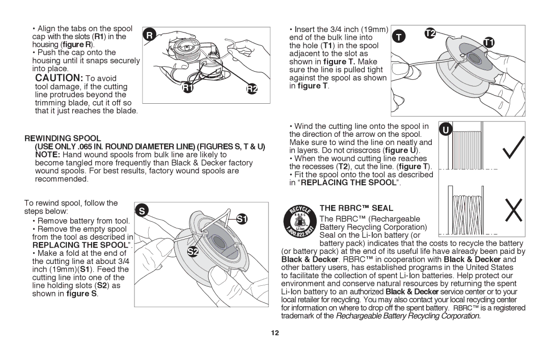 Black & Decker LST136 instruction manual Rewinding Spool, Replacing The Spool, Rbrc Seal 